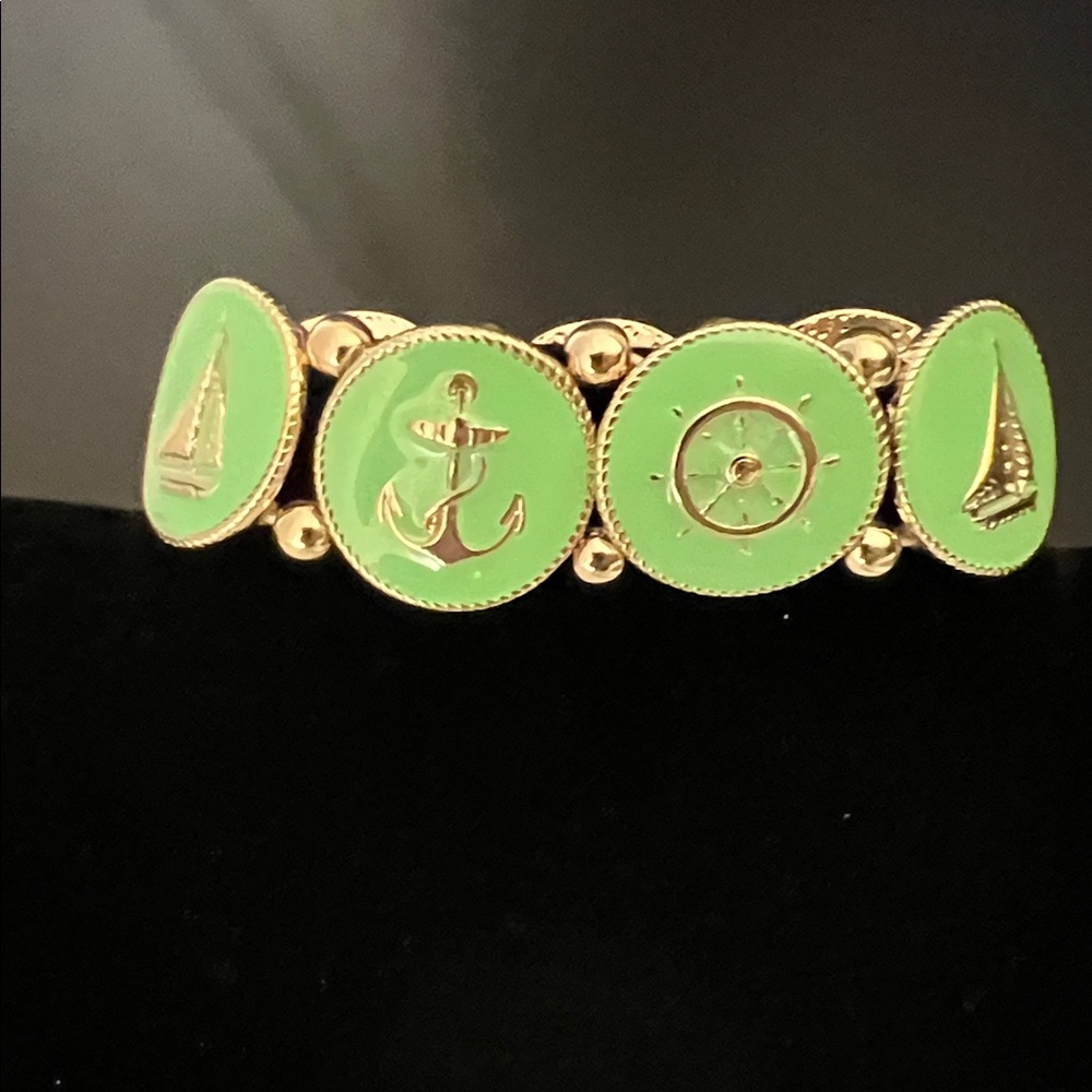 Vintage Mint Green Enamel Gold Toned  Nautical‎ Themed Stretch Bracelet Banglea - Picture 5 of 5